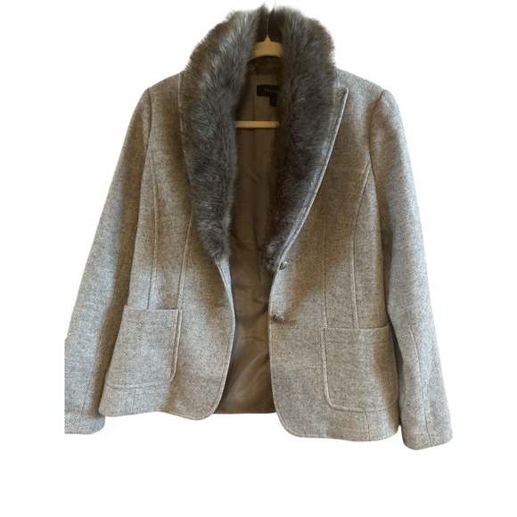 Talbots Woman's Grey Tweed Shetland Wool Blend Blazer Size 4 Faux Fur Classic - Picture 5 of 11